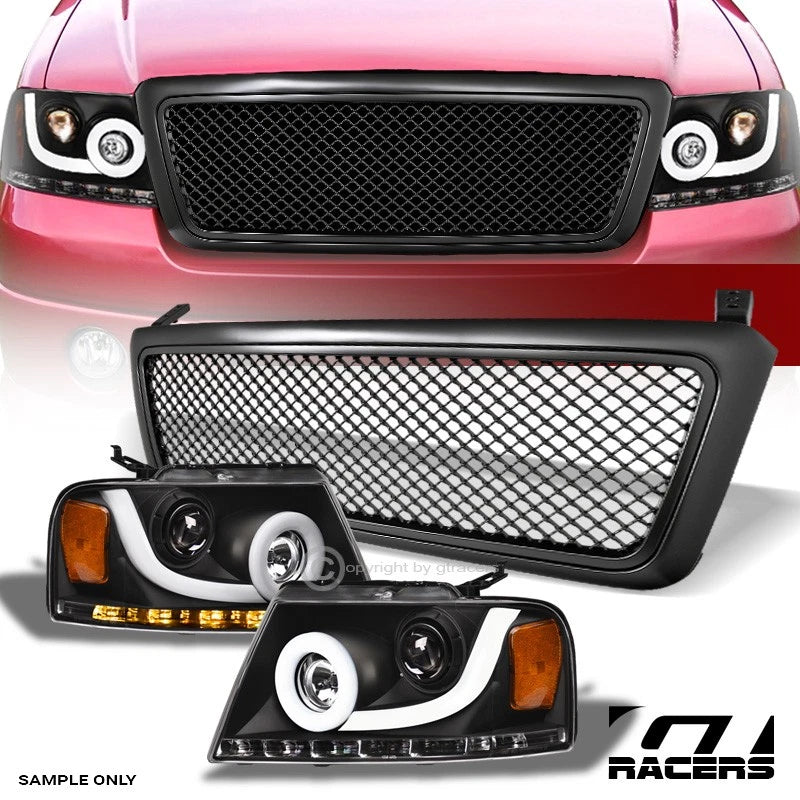 04-08 F150 Blk Halo Sequential LED Bar Projector Headlights A+Matte M Grille