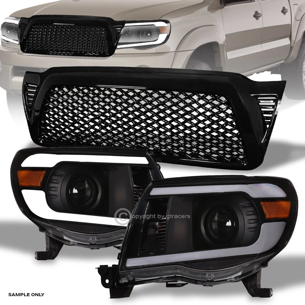 2005-2011 Tacoma Blk LED Tube Projector Headlights Amber+Dragon Mesh Grille