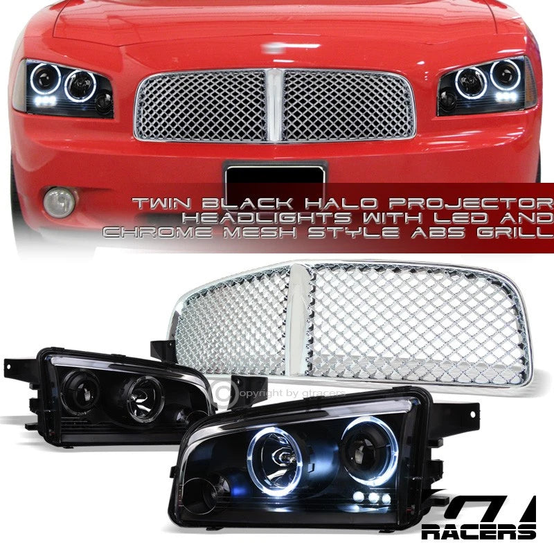 2006-2010 Charger Matte Blk LED Halo Projector Headlights+Chrome Mesh Grille