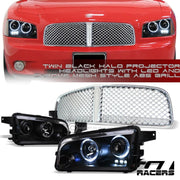 2006-2010 Charger Matte Blk LED Halo Projector Headlights+Chrome Mesh Grille