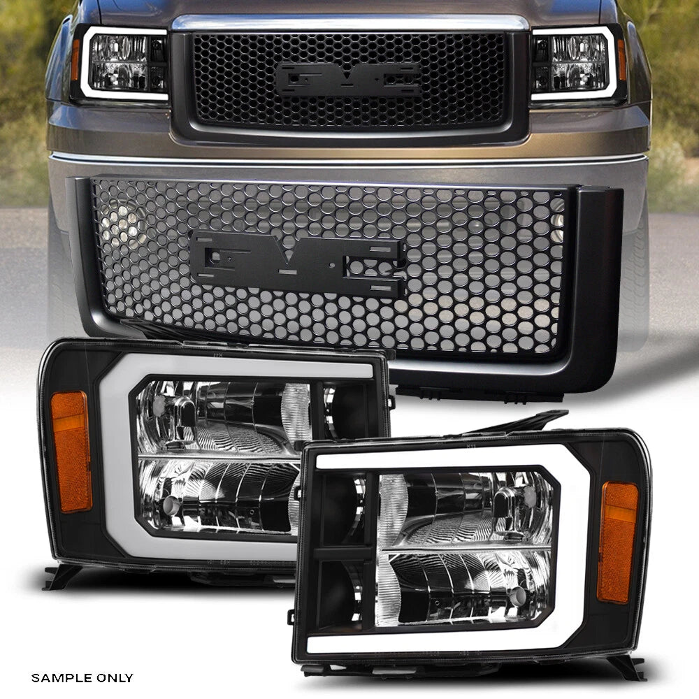 2007-2014 GMC Sierra 1500 Black LED Tube Headlights Amber+Round Mesh Grille