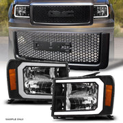 2007-2014 GMC Sierra 1500 Black LED Tube Headlights Amber+Round Mesh Grille