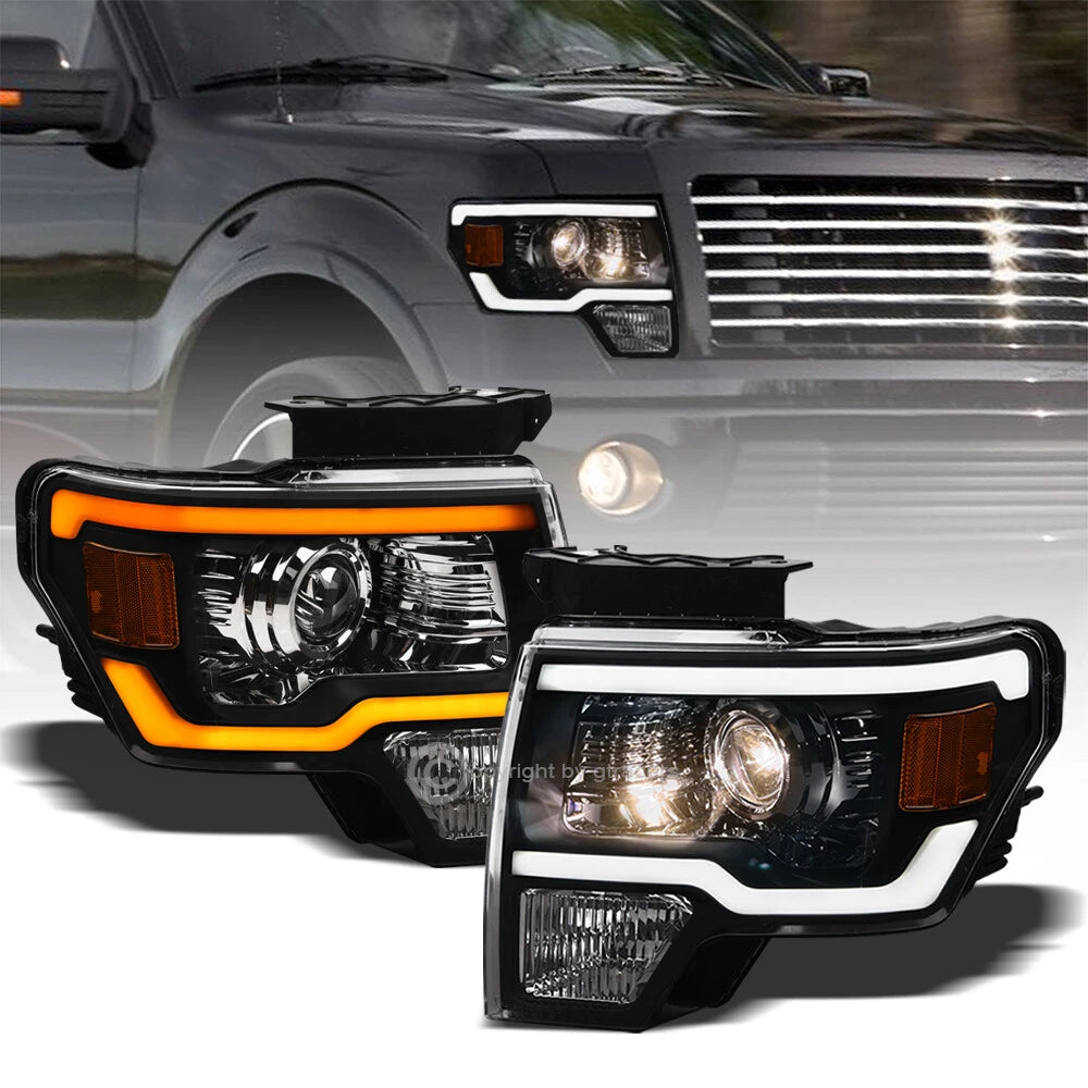 Switchback Sequential 2009-2014 F150 Blk Projector Headlights w/LED Tube Bar