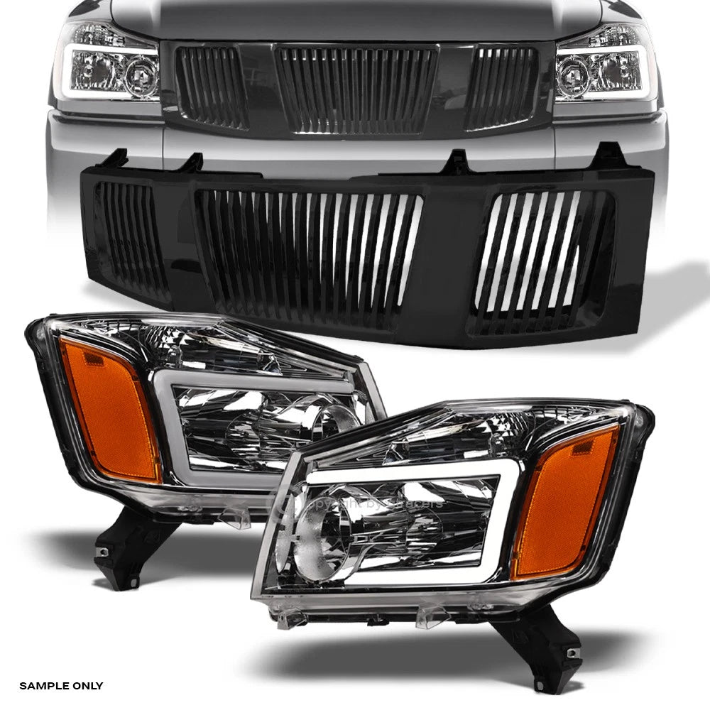 2004-2007 Titan/Armada Chrome LED Tube Headlights Amber+Blk Vertical Grille