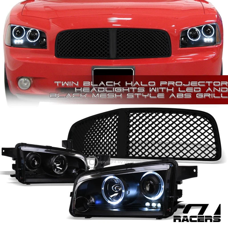 2006-2010 Dodge Charger Matte LED Halo Projector Headlights+Blk Mesh Grille