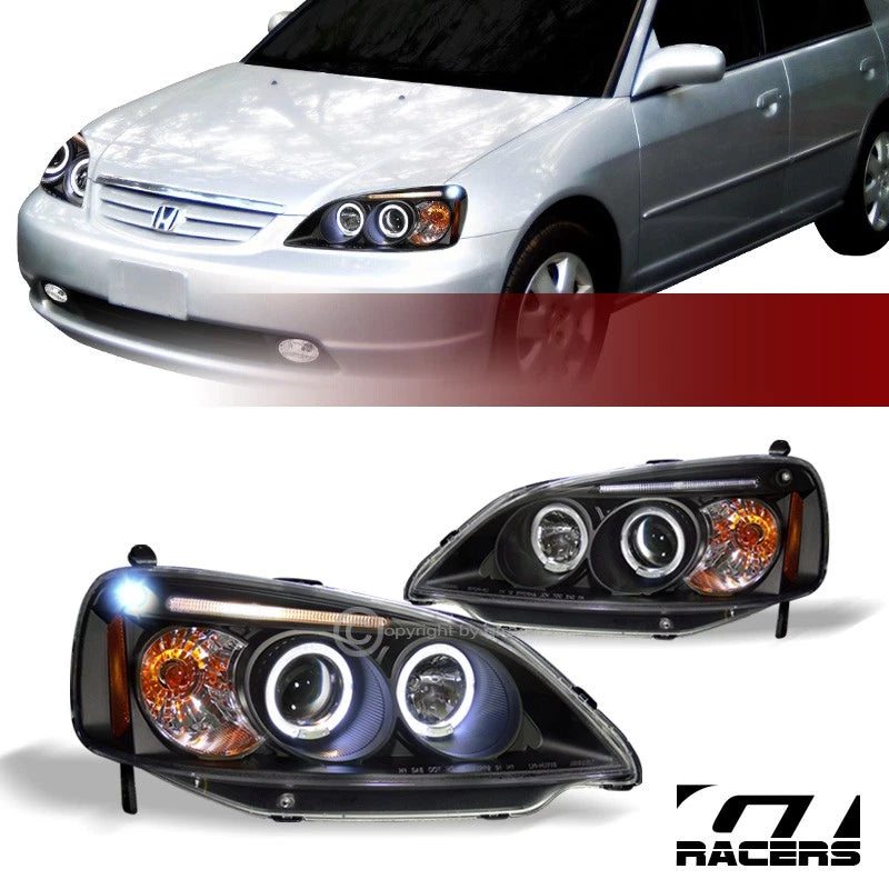 2001-2003 Honda Civic Blk Housing LED Halo Projector Headlights Lamps Signal