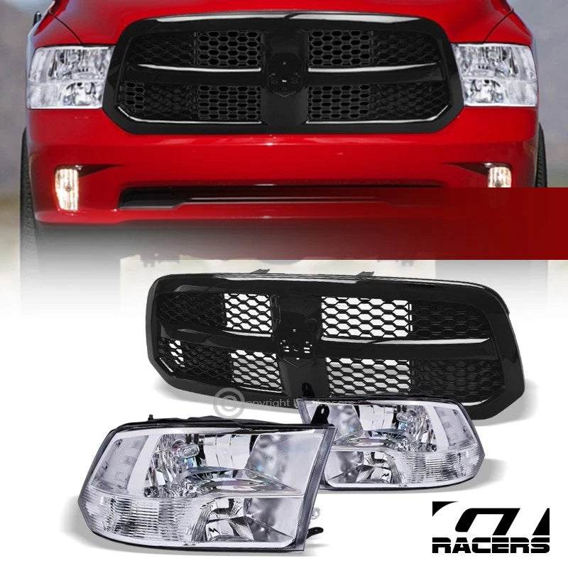 2013-2018 Ram 1500 Chrome Quad Lamps Headlights nb+Blk Honeycomb Mesh Grille