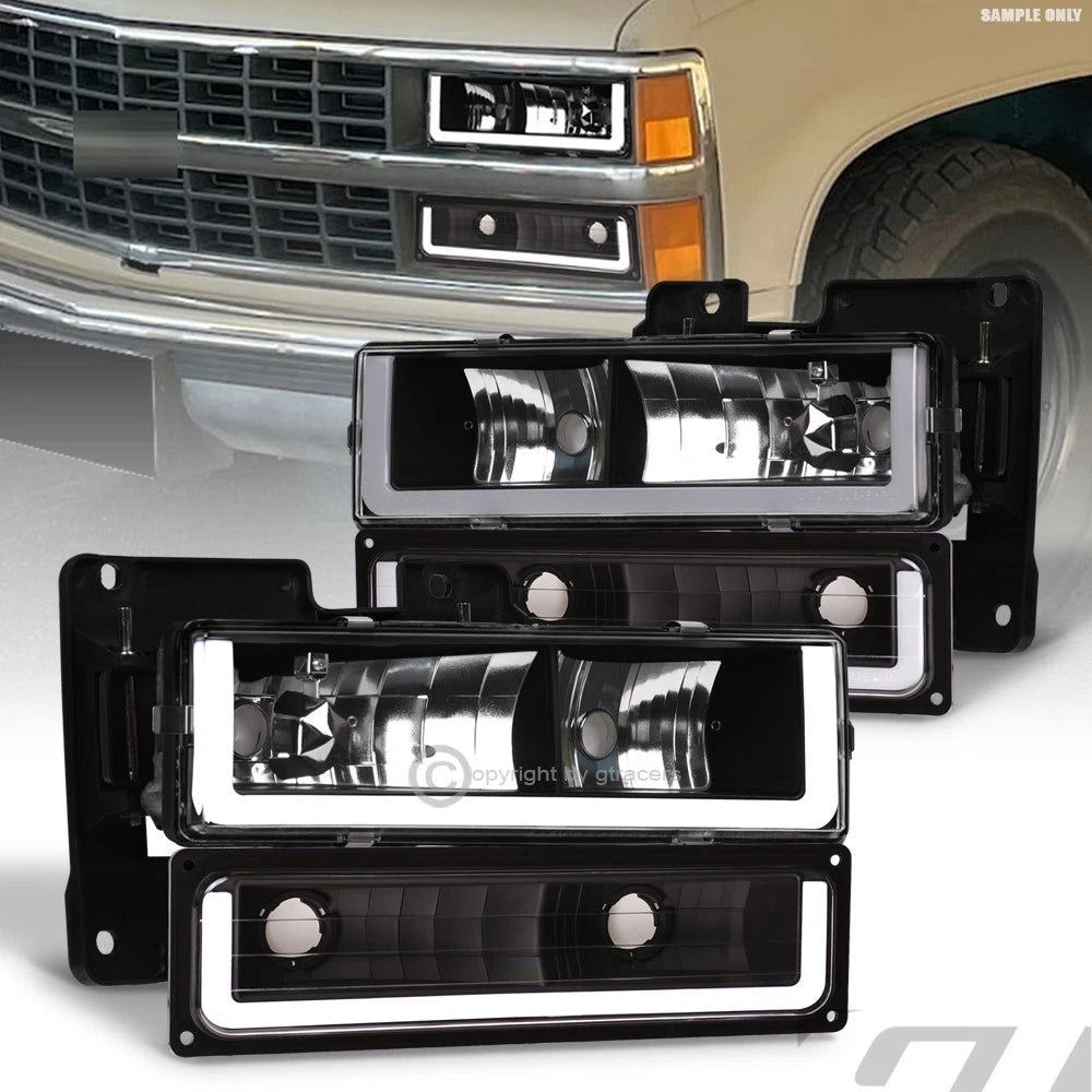 1988-2000 Chevy C10 C/K Silverado Black Headlights+Bumper Signal w/LED Tube