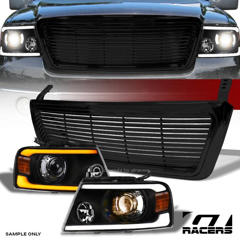 04-08 F150 Blk Sequential LED Tube Projector Headlights Am+Horizontal Grille
