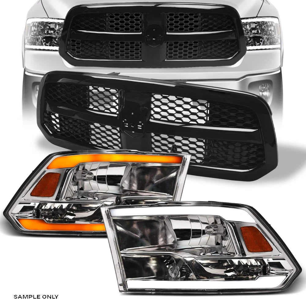 Switchback Sequential 13-18 Ram 1500 Chrome LED Headlights A+Blk Mesh Grille