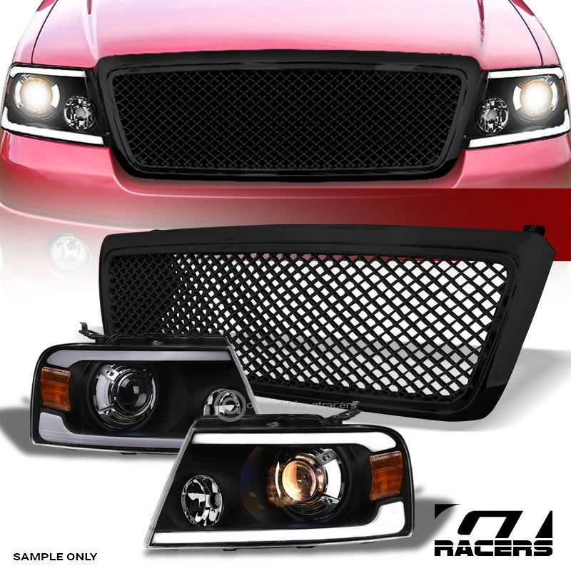 2004-2008 Ford F150 Blk LED Tube Bar Projector Headlights Amber+Mesh Grille