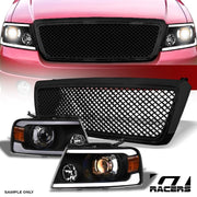 2004-2008 Ford F150 Blk LED Tube Bar Projector Headlights Amber+Mesh Grille