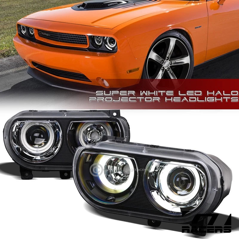 2008-2014 Dodge Challenger Matte Blk DRL White LED Halo Projector Headlights