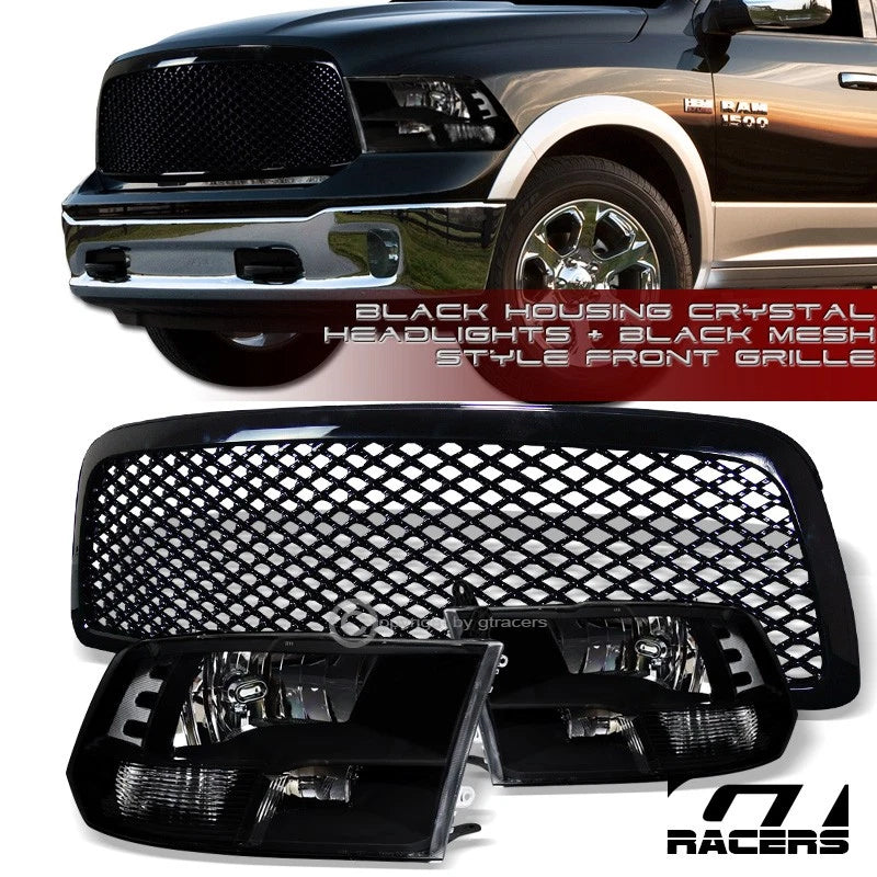 Quad Lamps Black Clear Headlights Nb+Front Mesh Grille 09-12 Dodge Ram 1500
