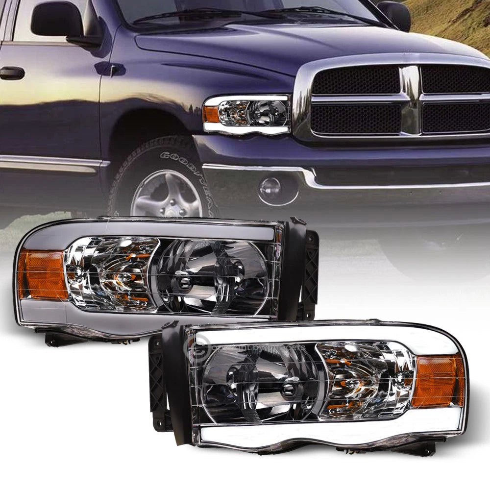 2002-2005 Dodge Ram Chrome Crystal Headlights Signal Amber w/LED Tube Bar