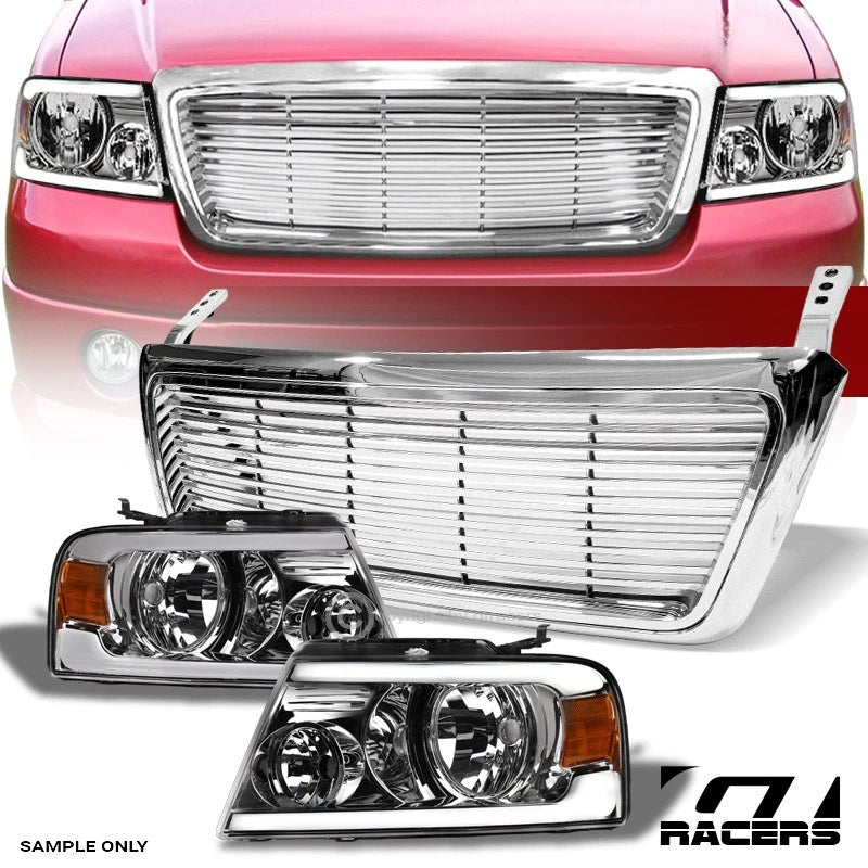 2004-2008 F150 Chrome LED Tube Bar Headlights Signal Amber+Horizontal Grille