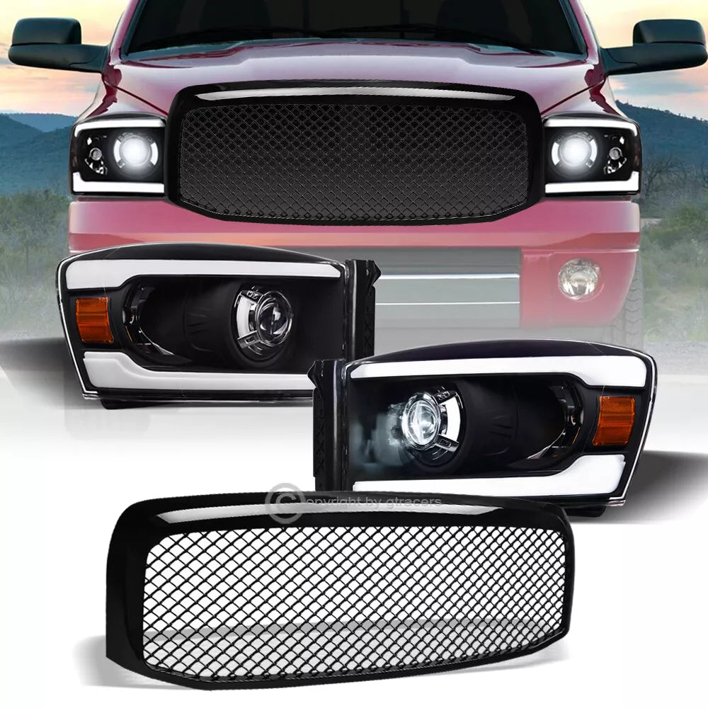2006-2009 Dodge Ram Blk Full LED Tube Projector Headlights Amber+Mesh Grille