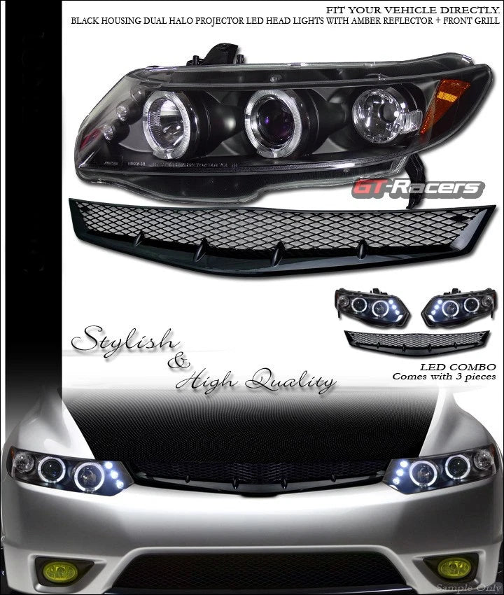 Black Halo Led Projector Headlights+Mesh Front Grille 2006-2008 Civic Coupe