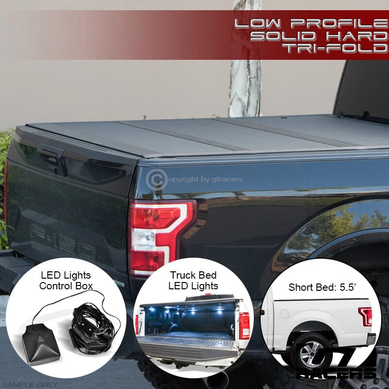2015-2024 F150 5.5 Ft Short Bed Low Profile Hard Tri Fold Tonneau Cover+LED