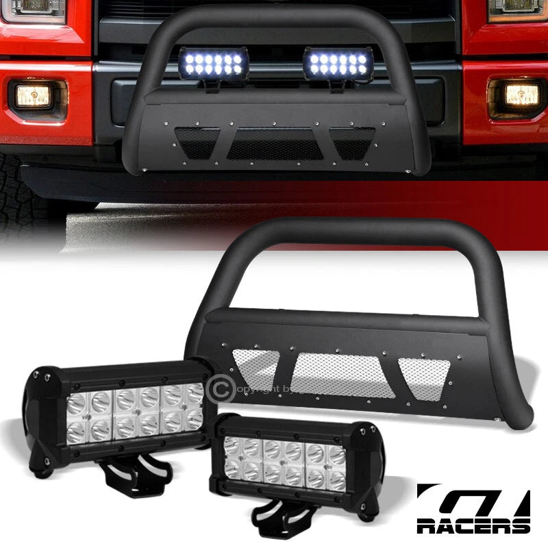 2004-2023 F150 Matte Black Studded Mesh Bull Bar Guard+36W CREE LED Lights