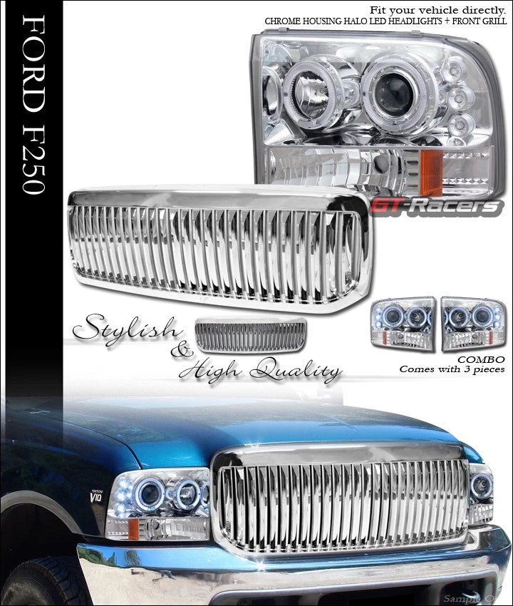 1999-2004 F250/F350 Chrome Halo Led Projector Headlights+Vertical Grille Vt