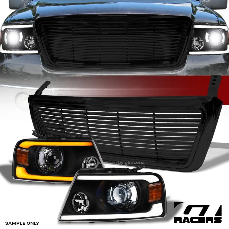 04-08 F150 Blk Sequential Full LED Projector Headlights Am+Horizontal Grille