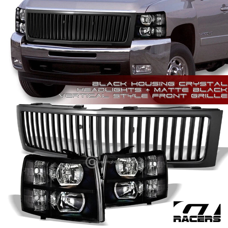Black Headlights Signal Nb+Matte Vertical Front Grille 07-13 Silverado 1500
