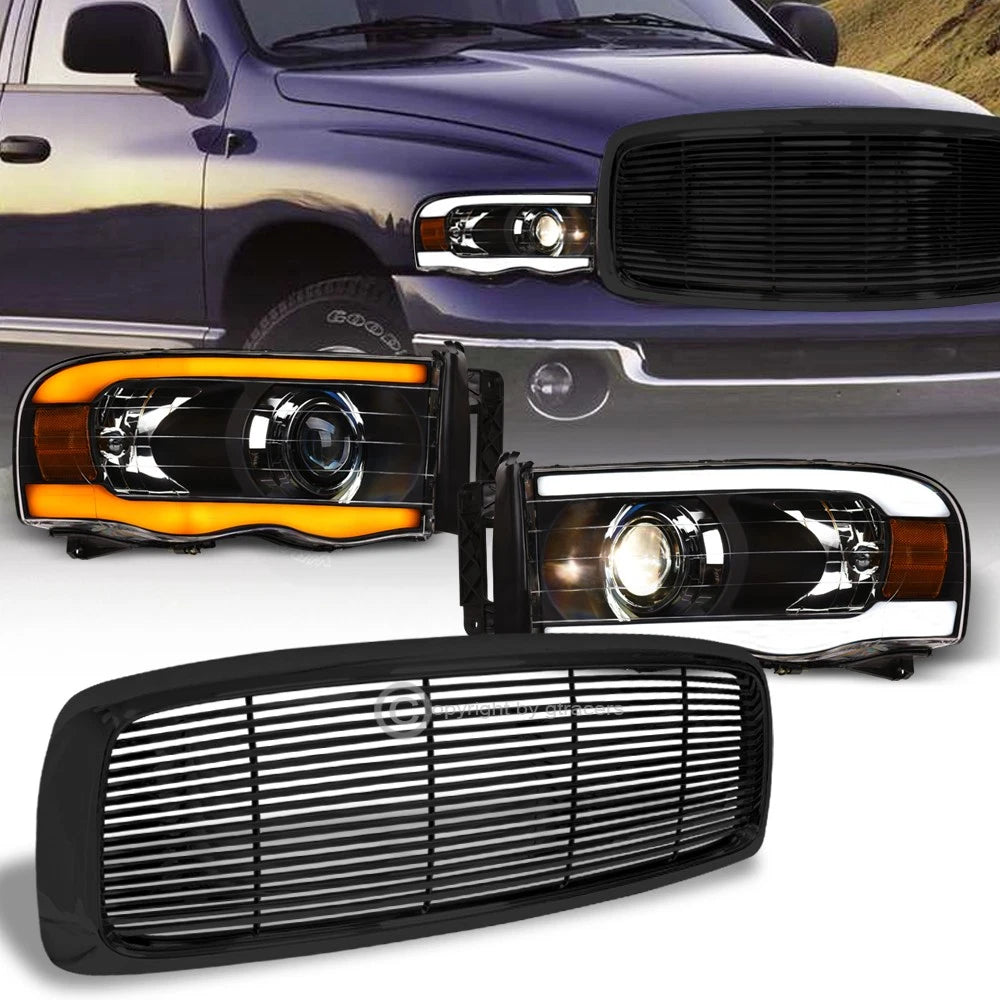 Switchback Sequential 02-05 Ram Black LED Tube Projector Headlights+H Grille