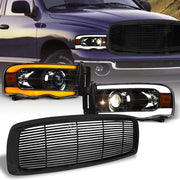 Switchback Sequential 02-05 Ram Black LED Tube Projector Headlights+H Grille