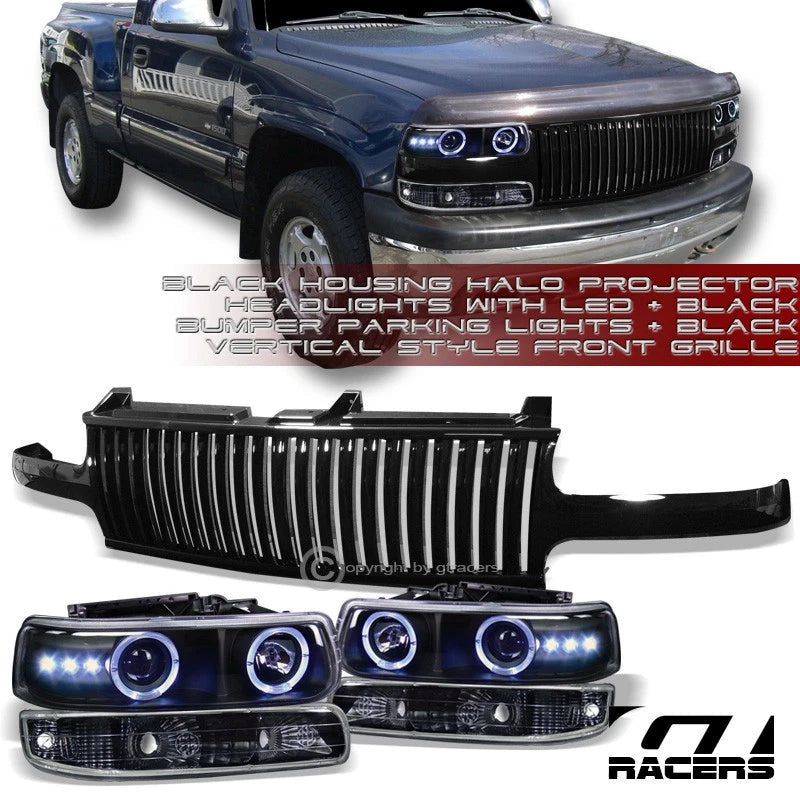 Black Halo Led Projector Headlights+Bumper+Vertical Grille 99-02 Silverado