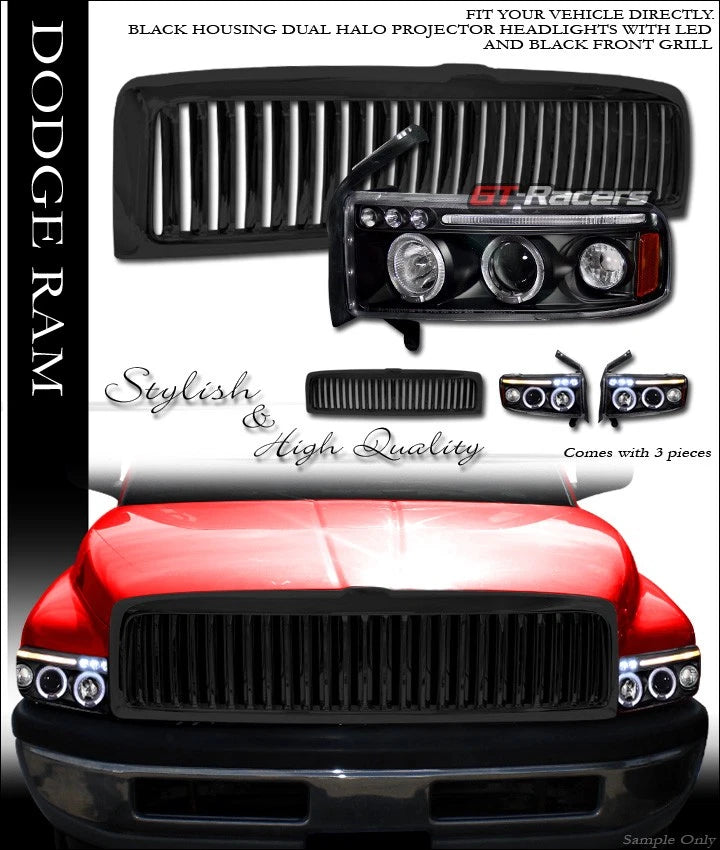 1994-2001 Ram Black Halo Drl Led Projector Headlights+Vertical Front Grille