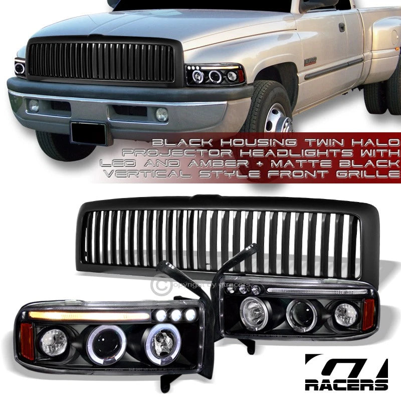 Black Halo Drl Led Projector Headlights+Matte Vertical Grille 1994-2001 Ram