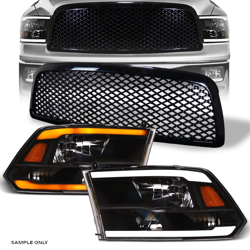 Switchback Sequential 09-12 Ram 1500 Blk LED Bar Headlights Amber+Mesh Grill