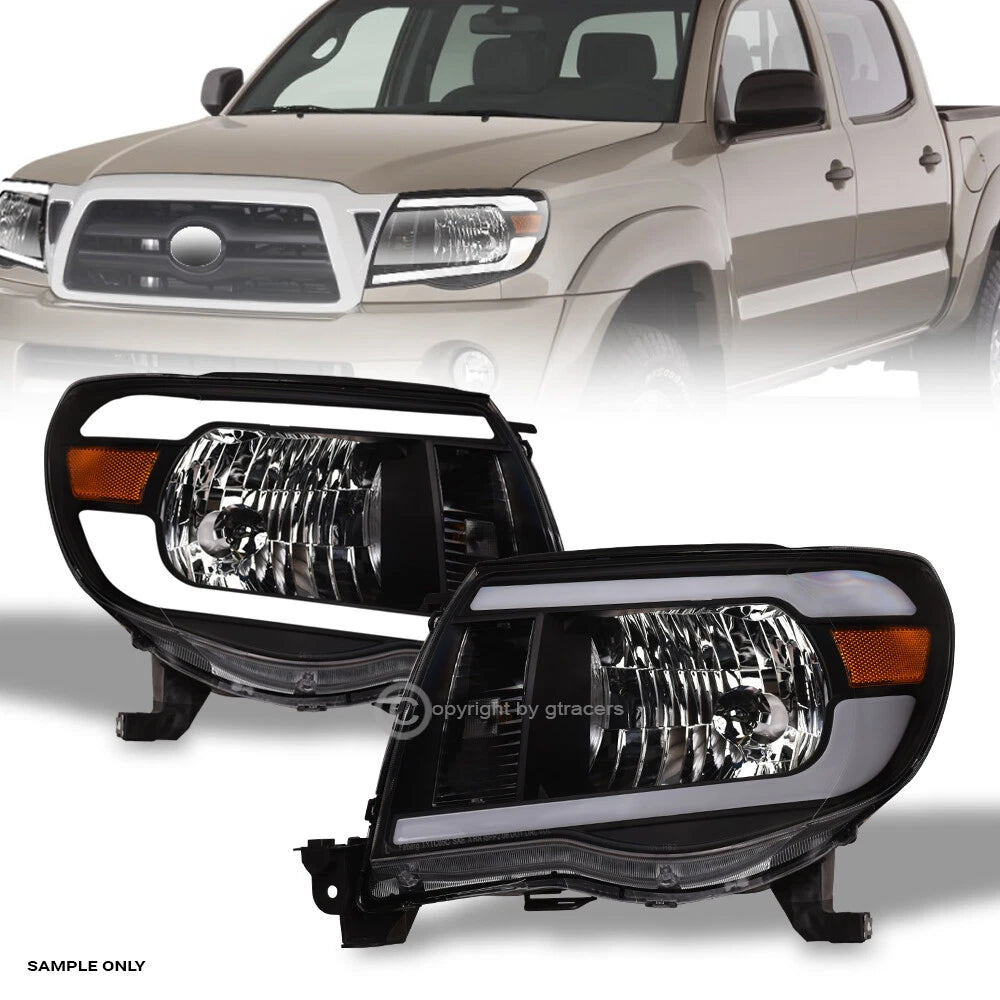 2005-2011 Toyota Tacoma Black Crystal Headlights Signal Amber w/LED Tube Bar