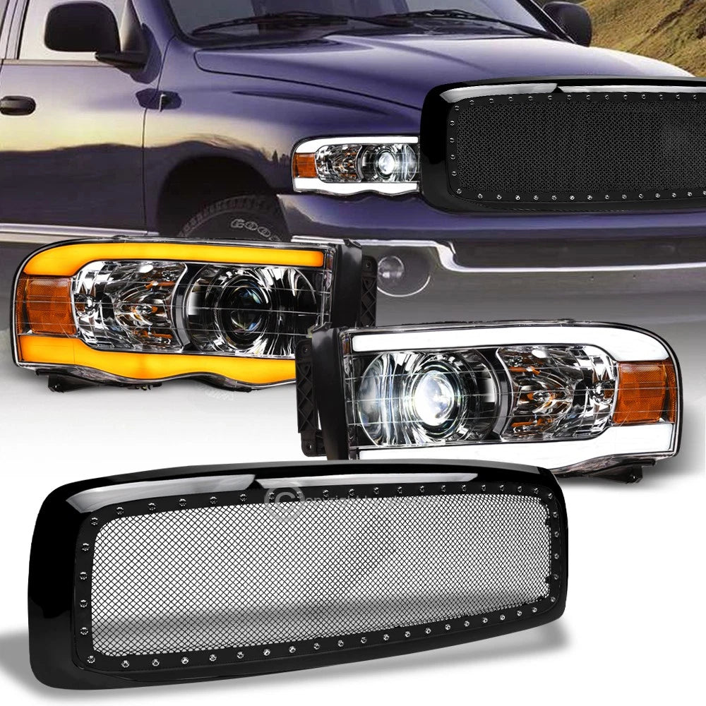 Sequential 02-05 Ram Chrome Full LED Projector Headlights+Blk Rivet M Grille