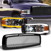 Sequential 02-05 Ram Chrome Full LED Projector Headlights+Blk Rivet M Grille
