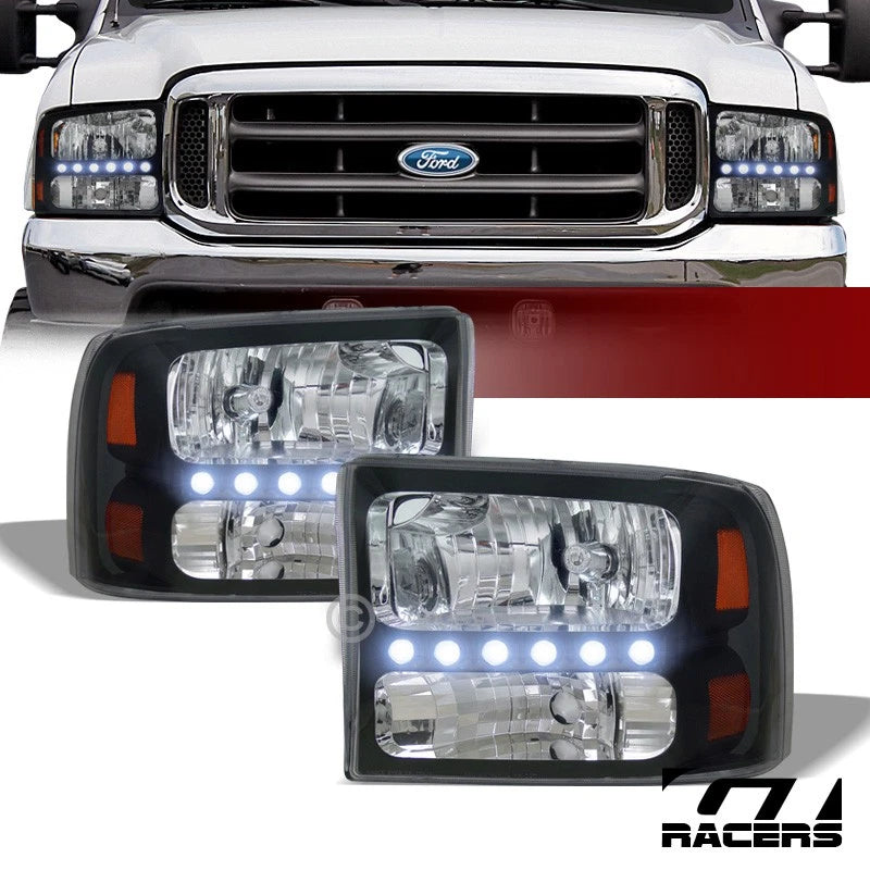 1999-2004 F250/Excursion Euro Black Led Headlights+Corner Lamps Amber 1Pc Ks