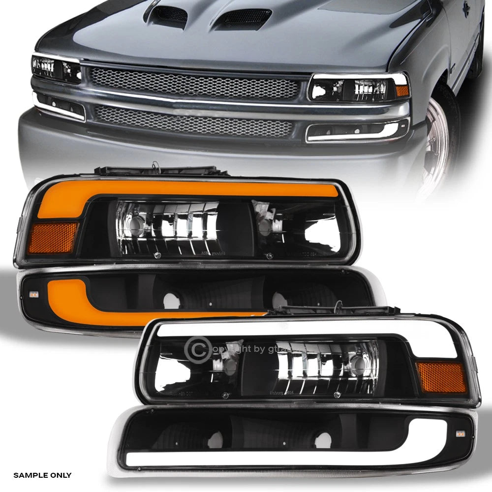 Switchback Sequential 1999-2002 Silverado Black Headlights+Bumper w/LED Bar