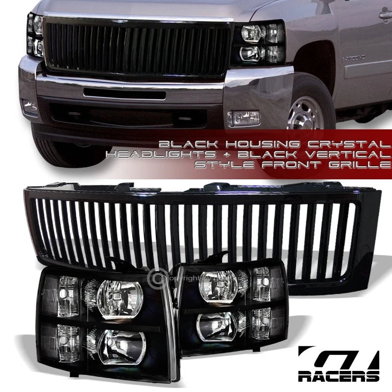 Black Headlights Signal Nb+Vertical Front Grille 07-13 Chevy Silverado 1500