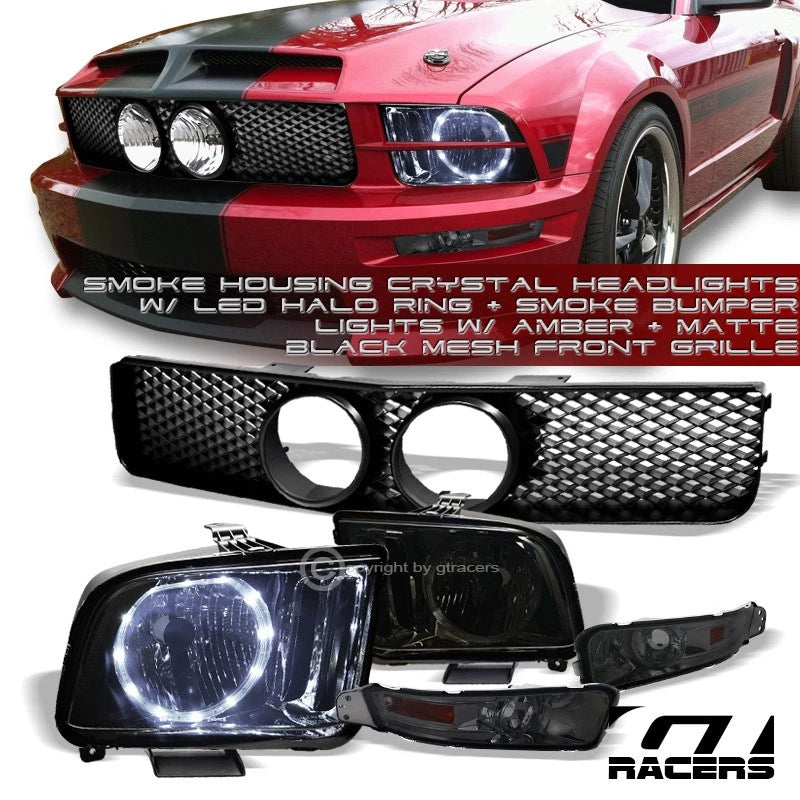 Smoke Led Halo Headlights Nb+Bumper Amber+Matte Mesh Grille 05-09 Mustang Gt