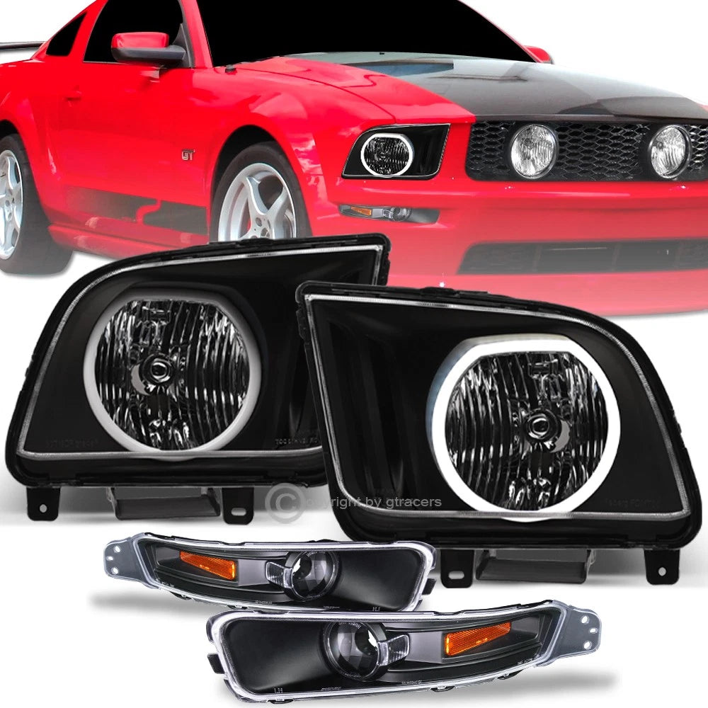 2005-2009 Ford Mustang Black LED Halo Headlights+Signal Bumper Lamps Amber