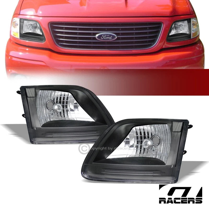 1997-2003 Ford F150/F250/Expedititon Black Housing Headlights Lamps Pair K2