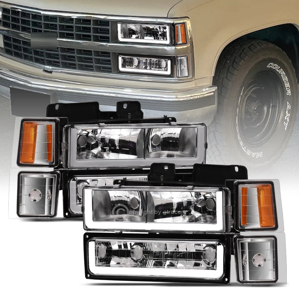 1994-2000 Chevy C10 C/K Chrome Headlights+Corner+Bumper Signal Am w/LED Tube