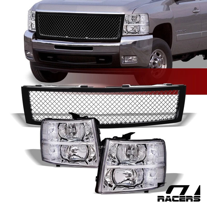 Chrome Headlights Signal Nb+Gloss Black Mesh Grille 2007-2013 Silverado 1500