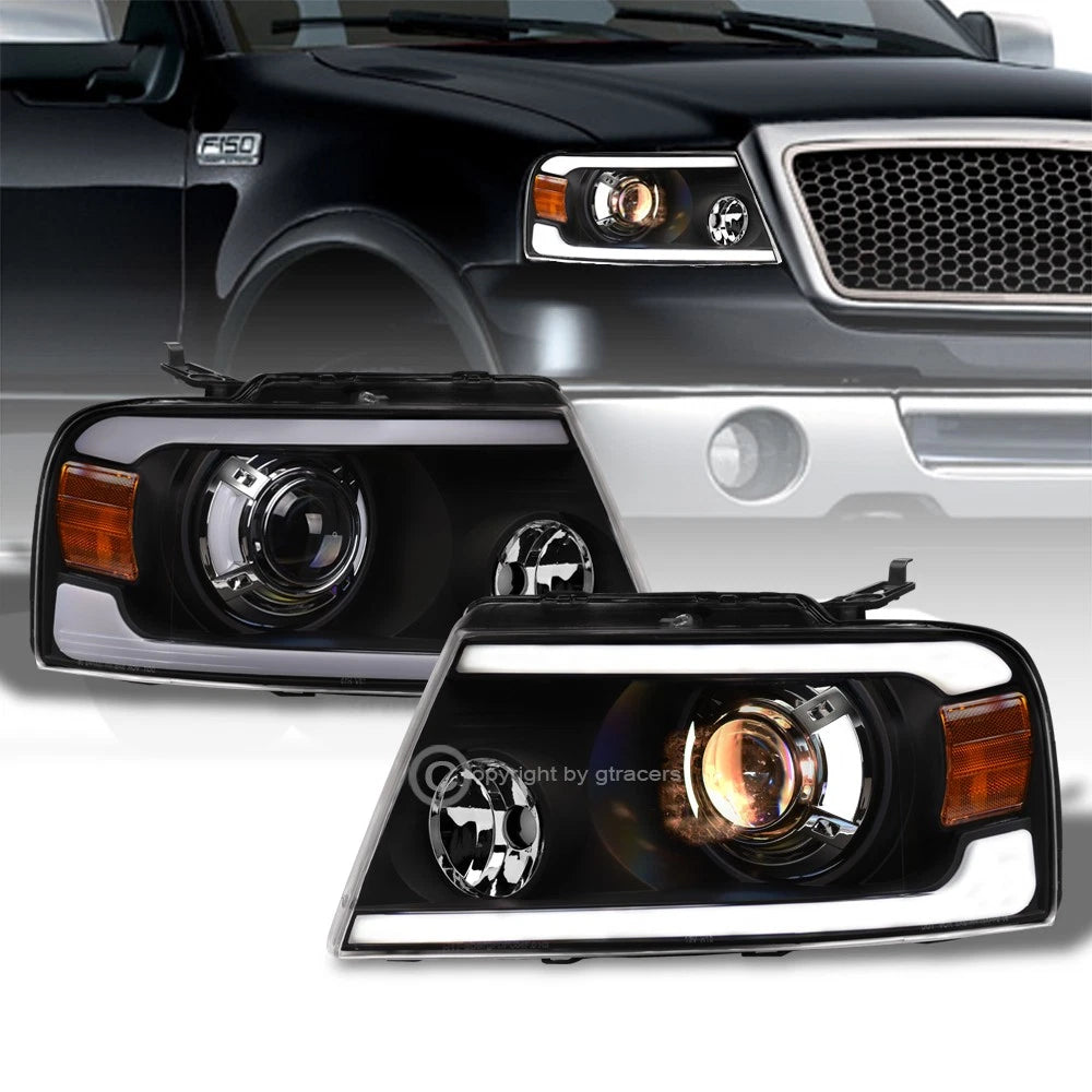 2004-2008 F150/Mark LT Blk Projector Headlights Signal Amber w/LED Tube Bar