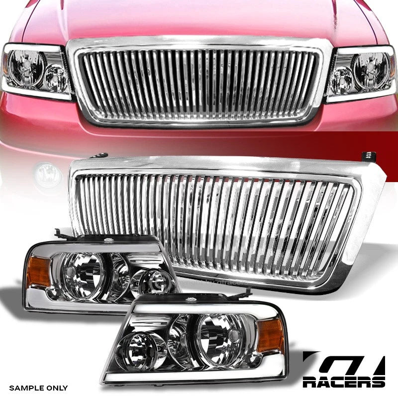 2004-2008 F150 Chrome LED Tube Bar Headlights Signal Amber+Vertical Grille