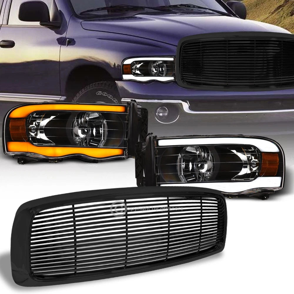 Switchback Sequential 02-05 Ram Blk LED Tube Headlights Am+Horizontal Grille