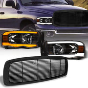 Switchback Sequential 02-05 Ram Blk LED Tube Headlights Am+Horizontal Grille