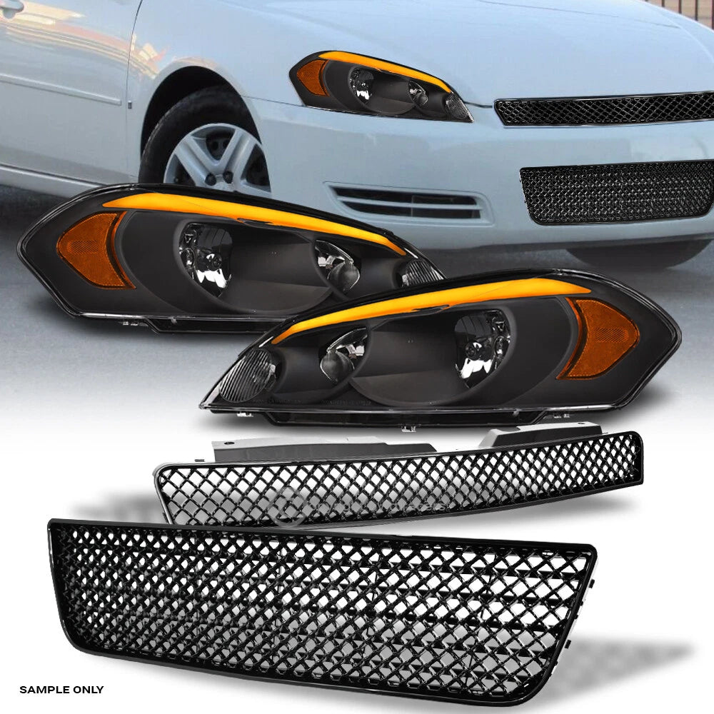 Sequential 06-13 Impala Blk LED Tube Headlights+Up & Lo M Grille