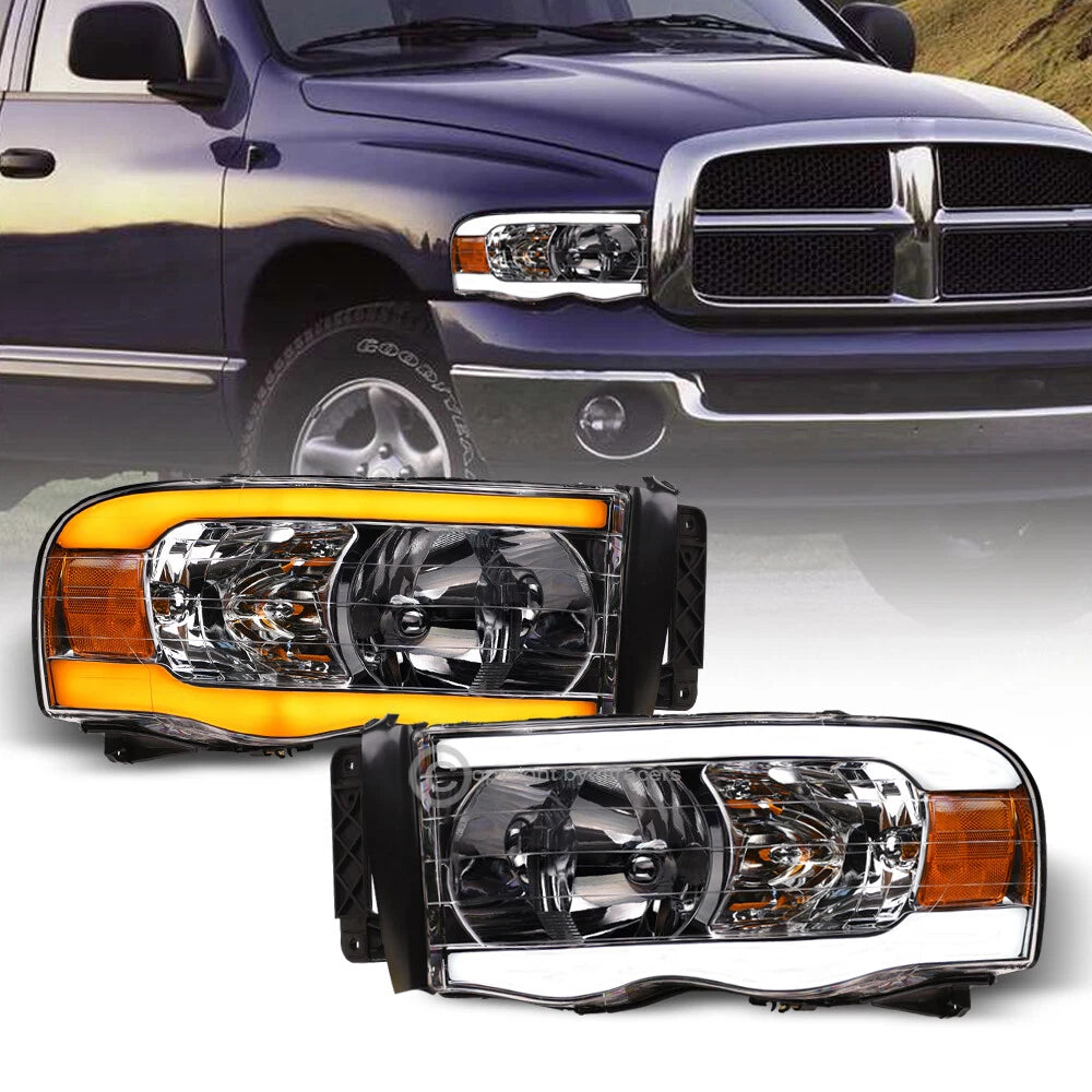 Switchback Sequential 2002-2005 Dodge Ram Chrome Headlights w/LED Tube Bar